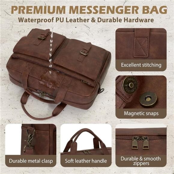 Mens Leather Laptop Bag 16 Inch Messenger Work Briefcase Shoulder Bag Brown - Picture 5 of 7